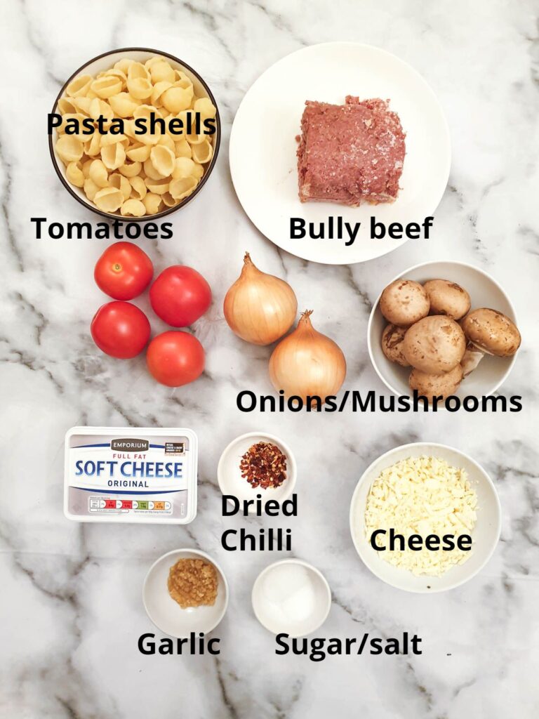 Ingredients for cheesy bully beef pasta casserole.