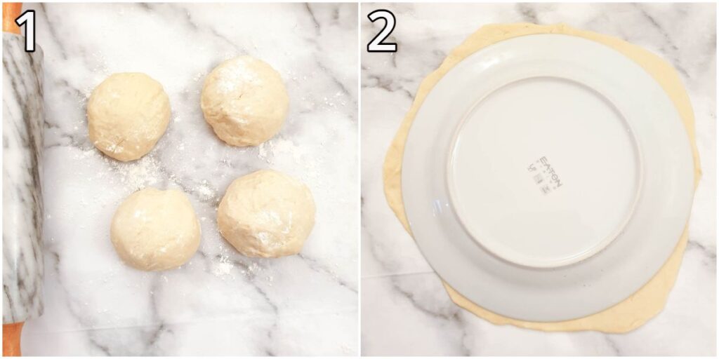 The dough divided into 4 balls, next to an image of one ball of dough rolled out to the size of  dinner plate.