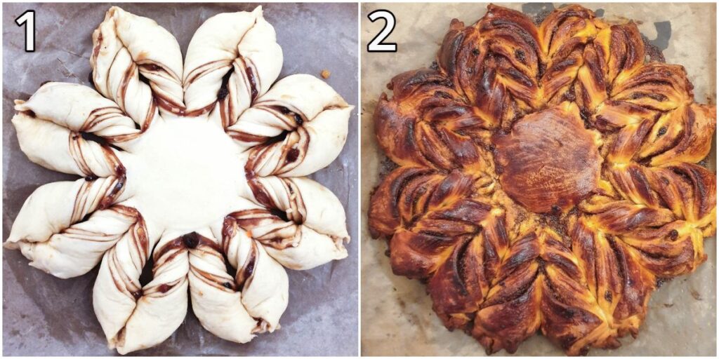 A completed unbaked star bread, next to the baked star bread.