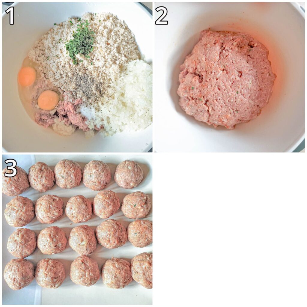 Three images showing steps for mixing the meatballs.