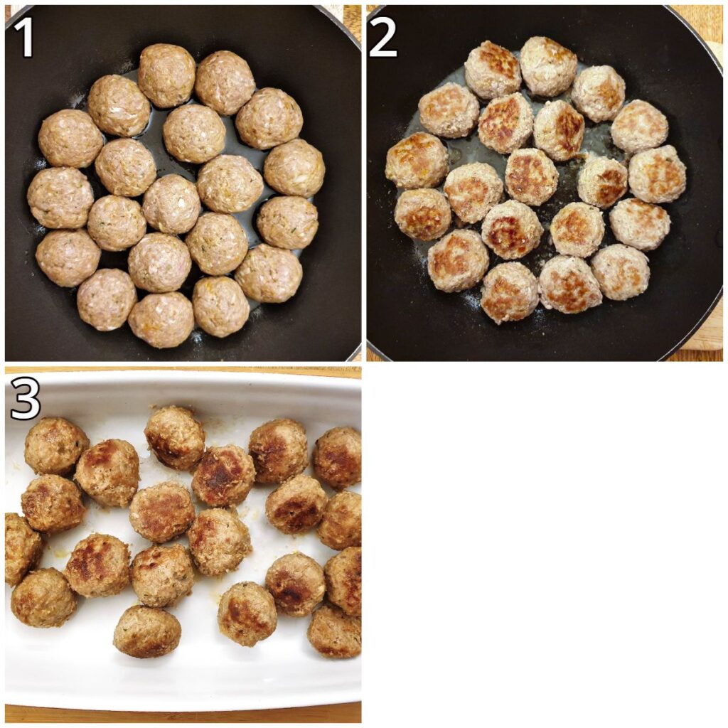 Three images showing steps for frying the meatballs.