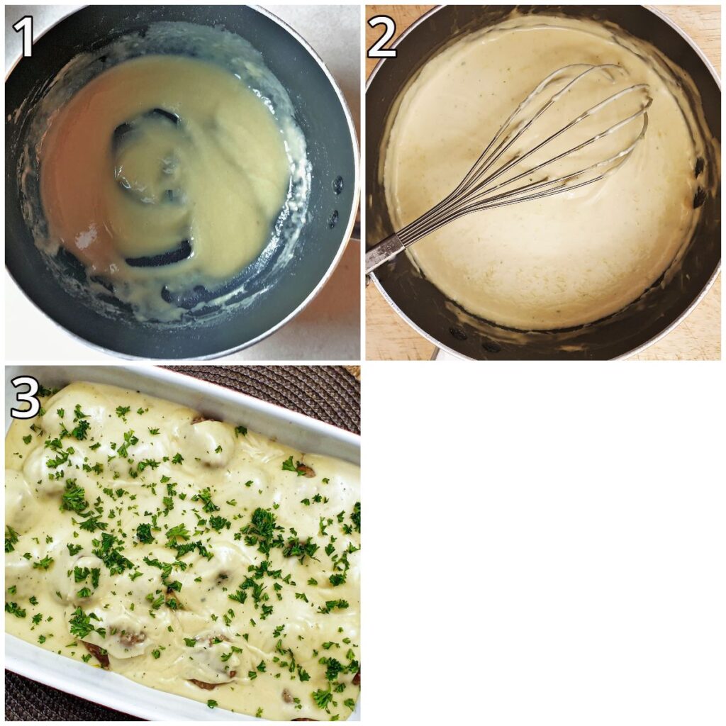 Collage of 3 images showing steps for making mustard sauce.