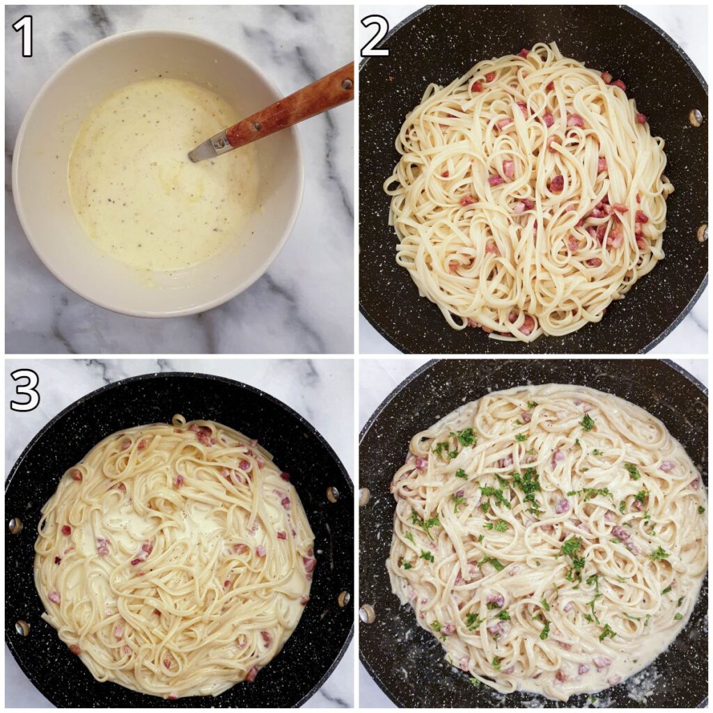 Steps for mixing the sauce into the pasta.