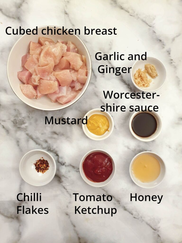 Ingredients for sticky chicken skewers.