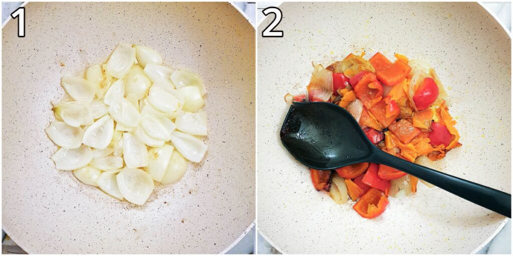 Onions frying in a pan, and the same pan of onions with the addition of peppers, carrots and pineapples.