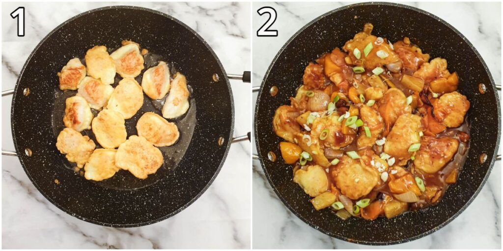 Pieces of chicken frying in a pan, and the completed dish of sweet and sour chicken.