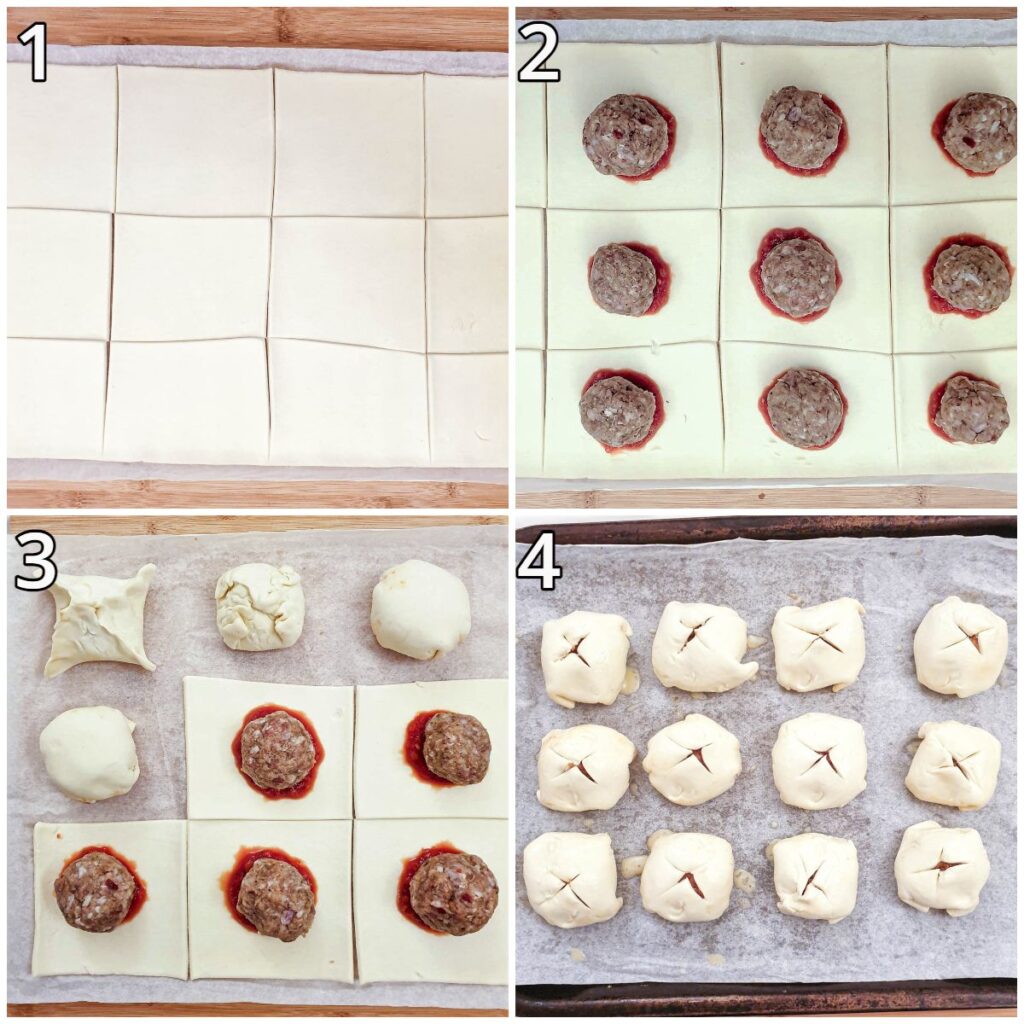 Steps for assembling the meatball wellingtons.