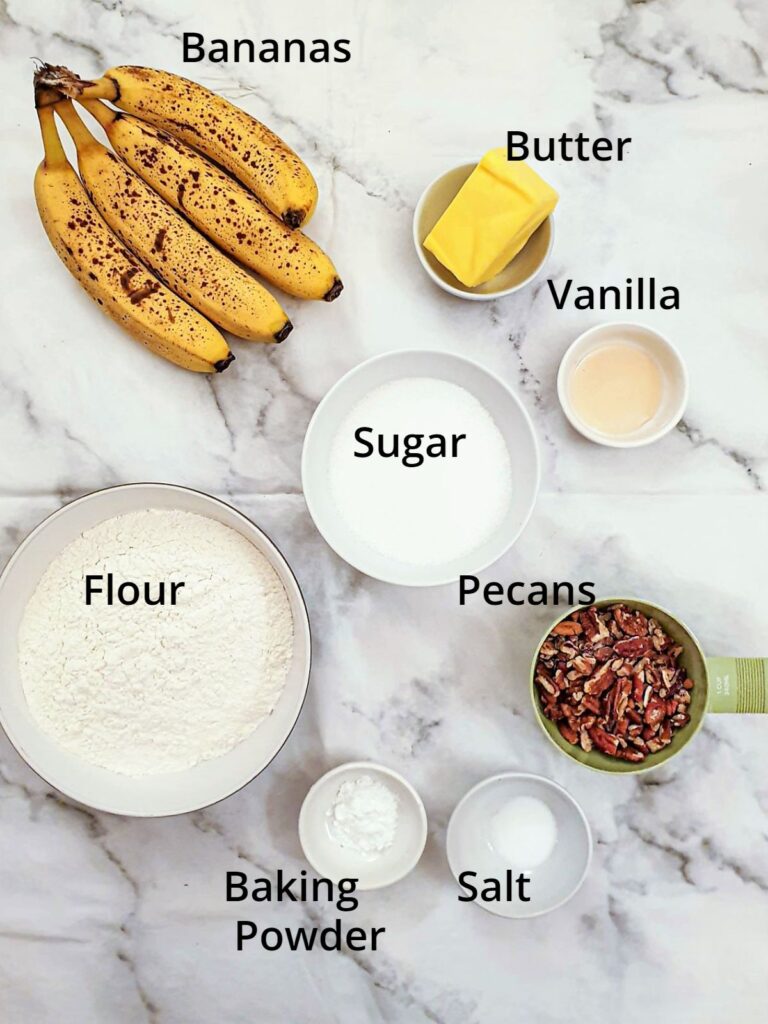 Ingredients for pecan and banana bundt cakes.