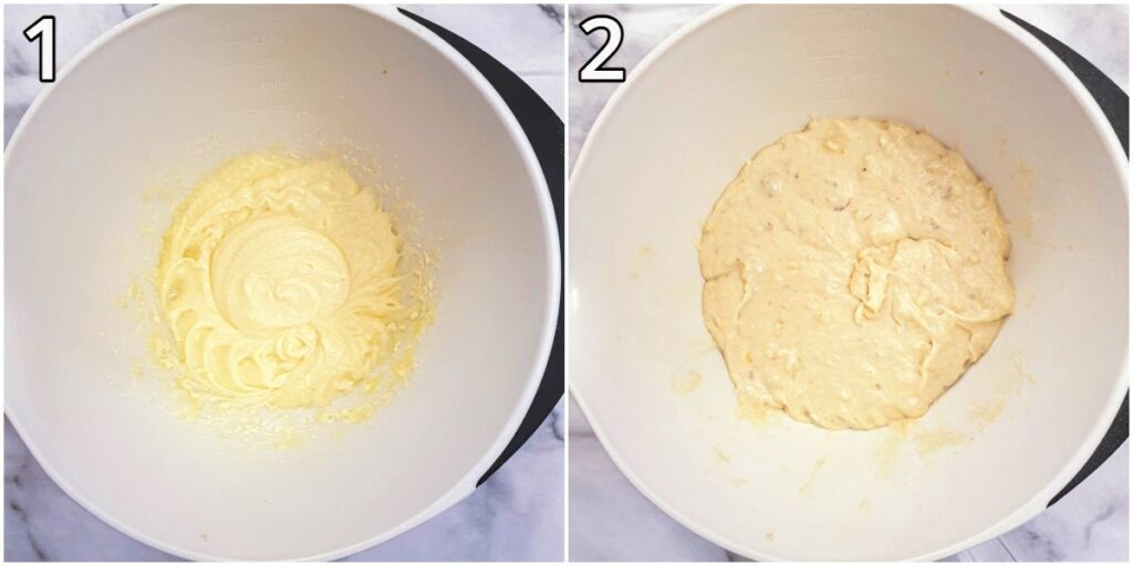 Steps for mixing the pecan and banana cake batter.