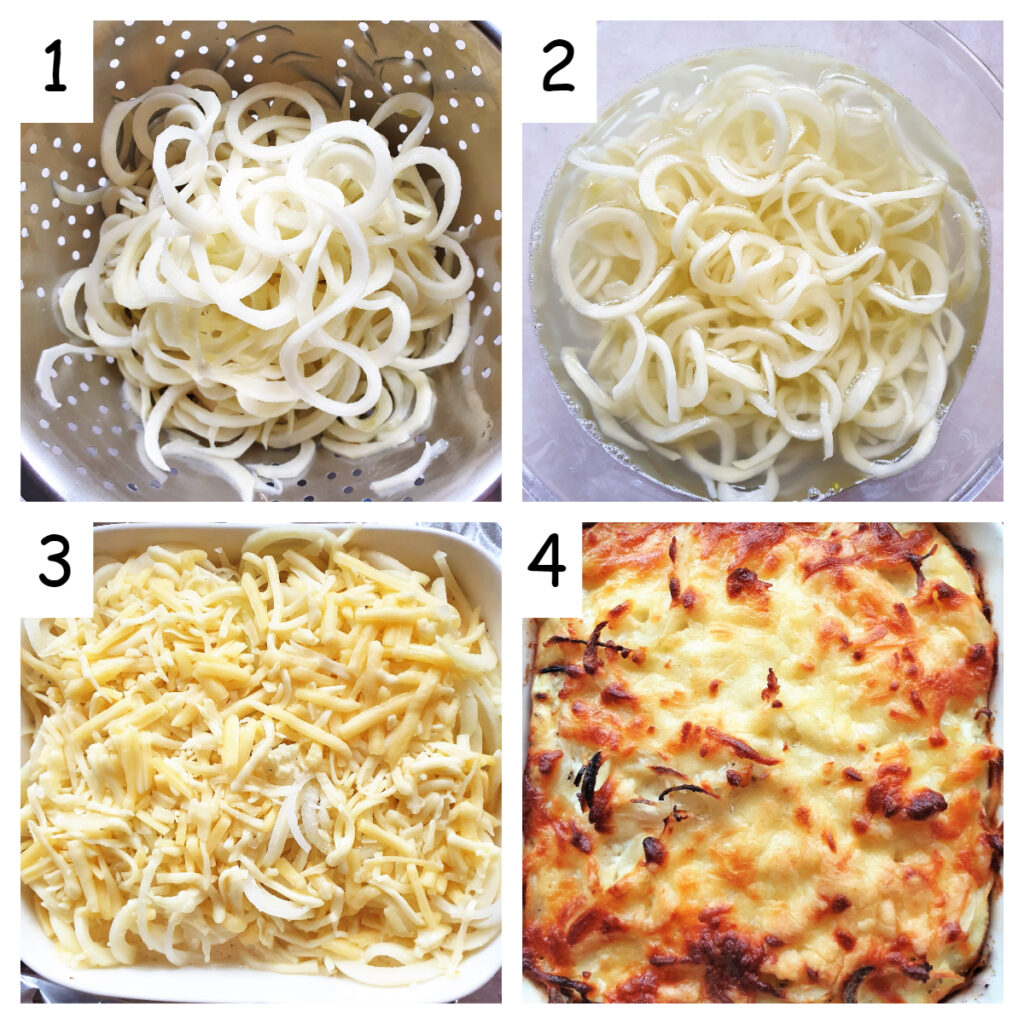 A collage of 4 images showing how to assemble the potato and onion bake.