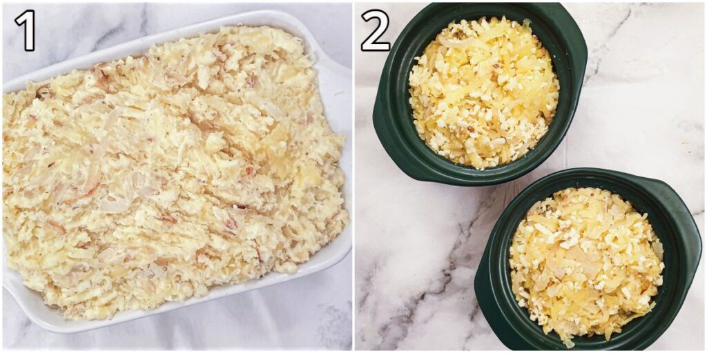 A large casserole dish and two individual ramekins filled with the potato mixture before being placed in the oven.