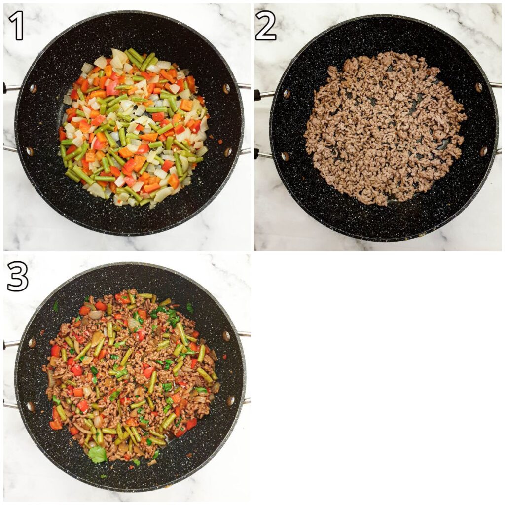 Steps for frying the meat and vegetables.