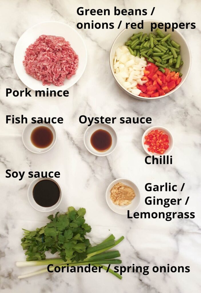 Ingredients for Thai pork mince stir fry.