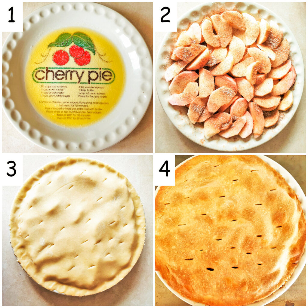 Collage of 4 images showing steps to assemble an upside down apple pie.