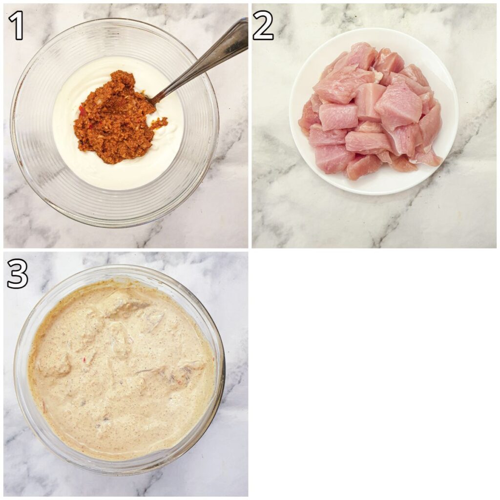 Steps for marinating the chicken pieces.