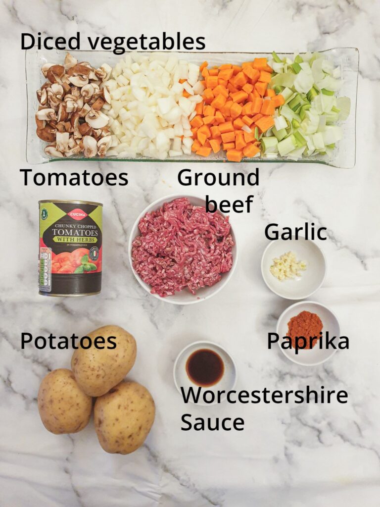 ingredients for minced beef hotpot.