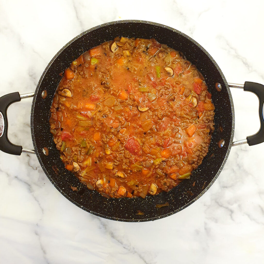 Filling for minced beef hotpot, ready to be transferred to the casserole dish.