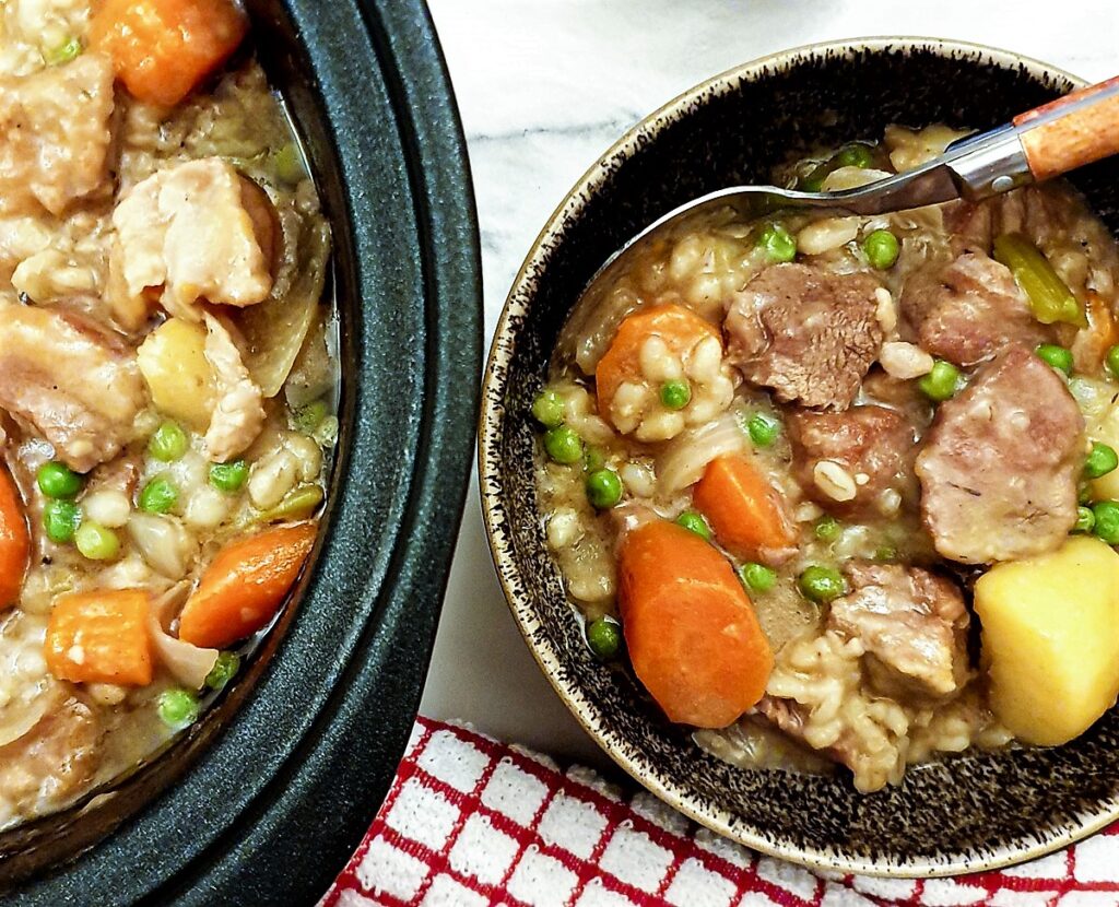 Overhead shot of a bowl of Irish lamb stew.