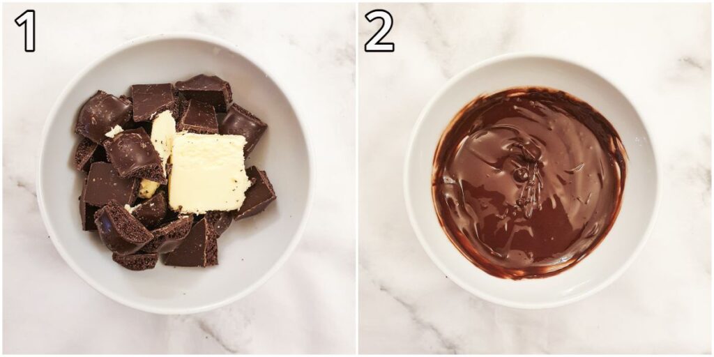 A bowl of unmelted chocolate pieces with a knob of butter, and a bowl of melted chocolate.