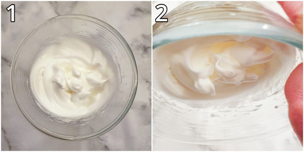 A bowl of whipped egg white, and the same bowl being turned upside down to show how the beaten egg whites don't fall out of the bowl.