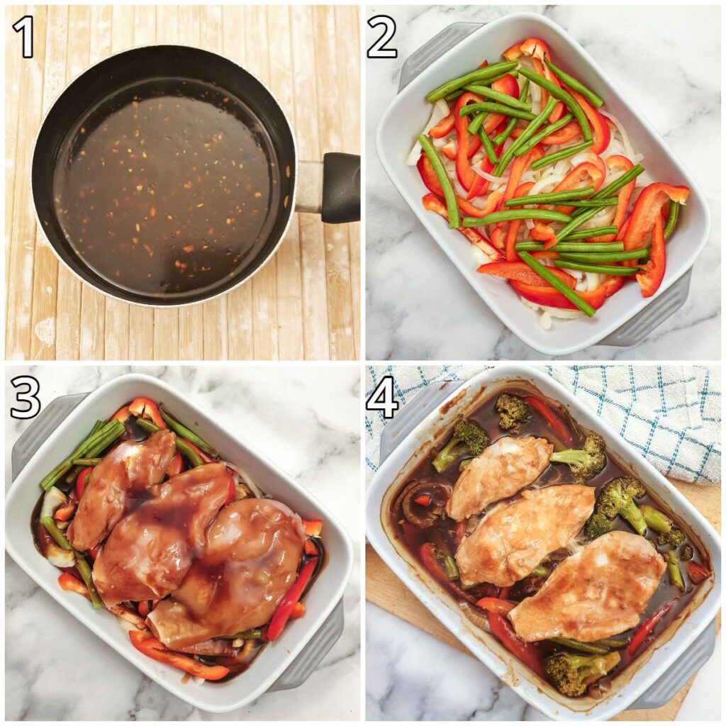 Steps to assemble and bake teriyaki chicken.