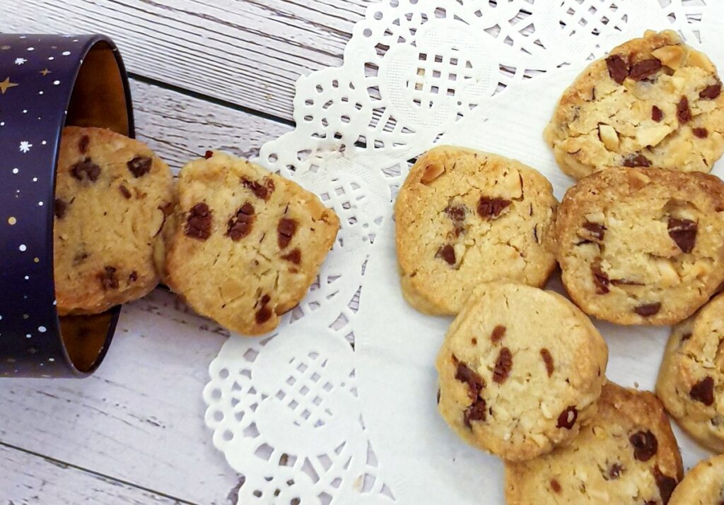 Close up of chocolate chip brazil nut cookies.