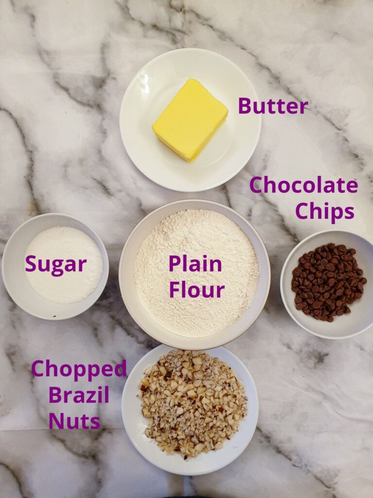 Ingredients for choc-chip brazil nut cookies.