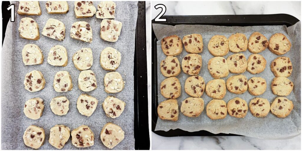 Two baking trays, one with unbaked cookies and the other with baked cookies.