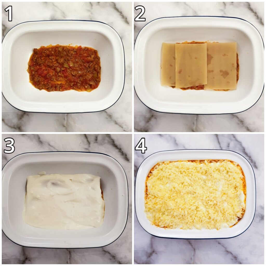 Steps for assembling the cheesy lasagne.