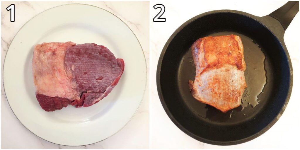 A joint of silverside being browned in frying pan.