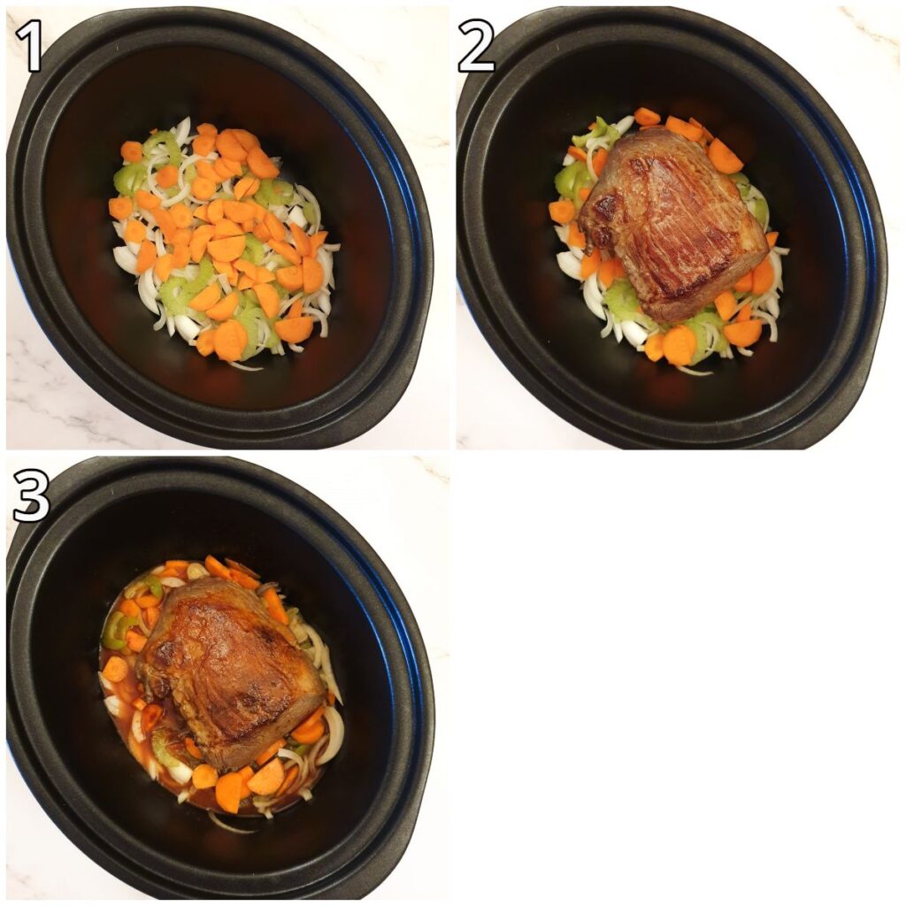 Steps for putting the meat and vegetables into the slow cooker. Steps for putting the meat and vegetables into the slow cooker.