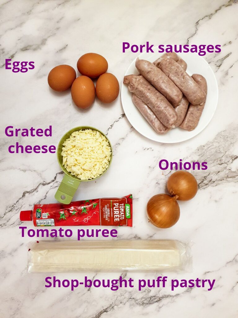 Ingredients for a sausage and egg picnic slice.