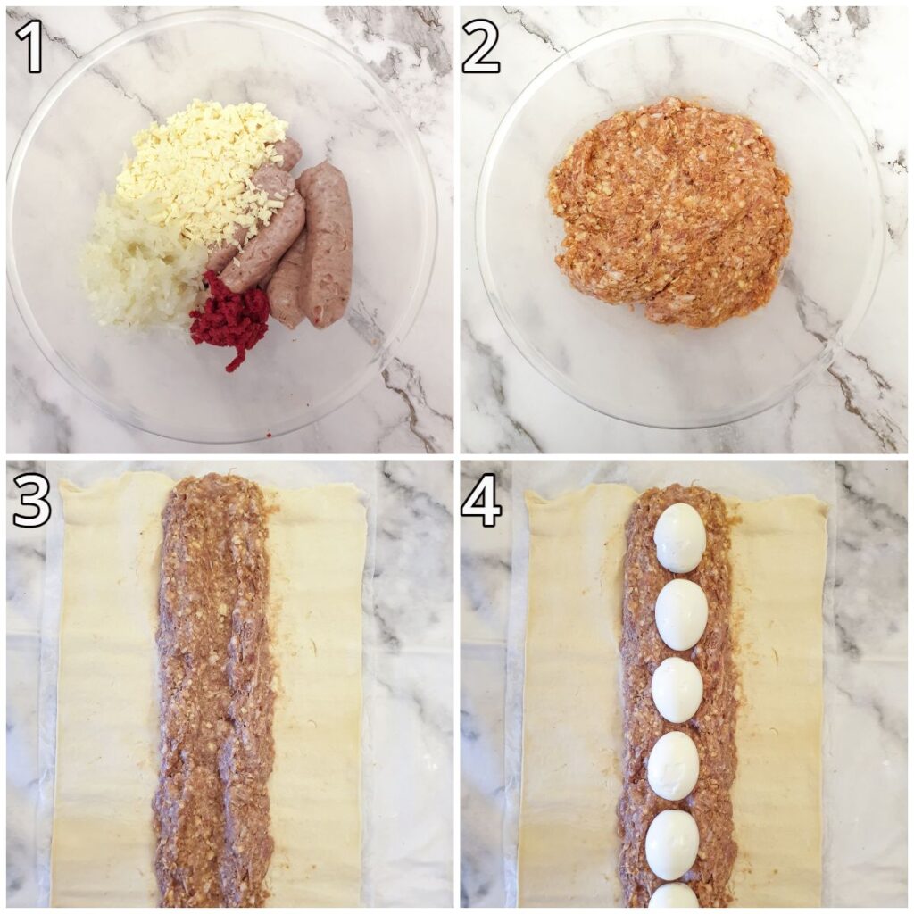 Steps for assembling the sausage roll - part 1.