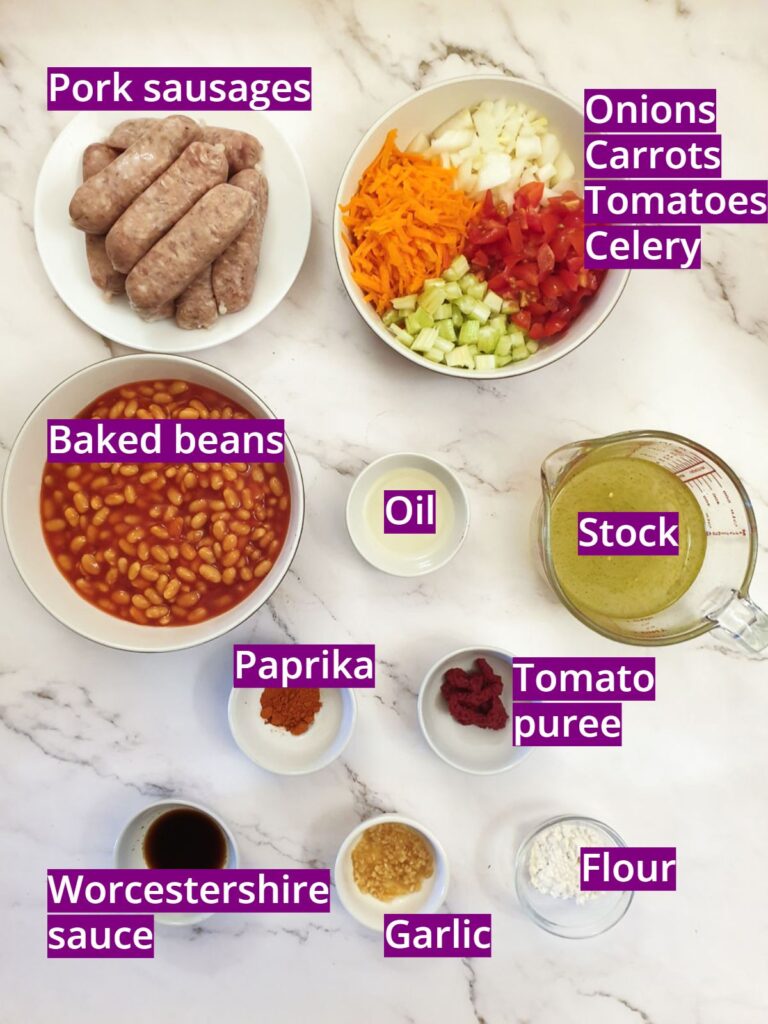 Ingredients for sausage and bean casserole.