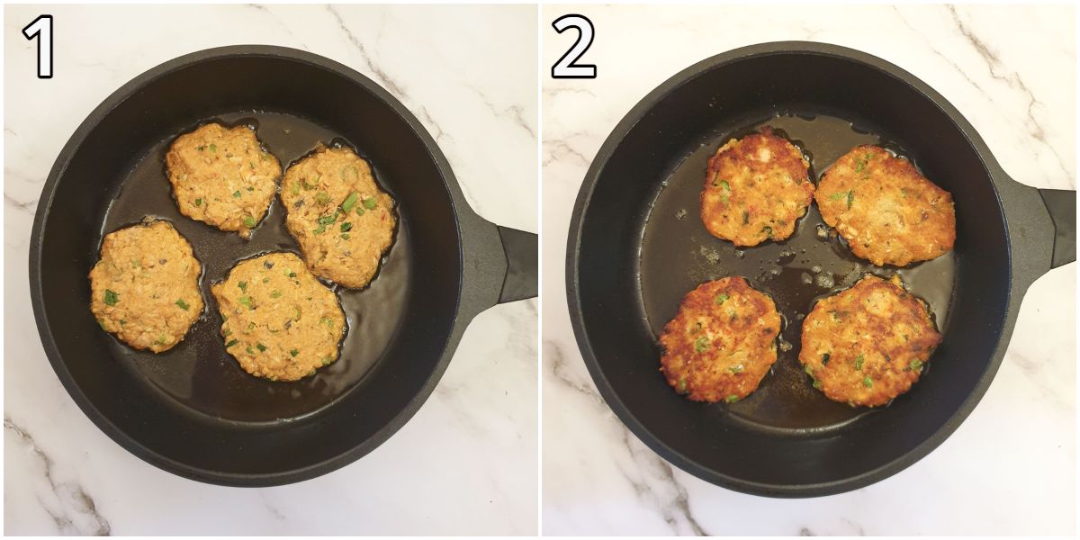 Steps for frying the fishcakes.