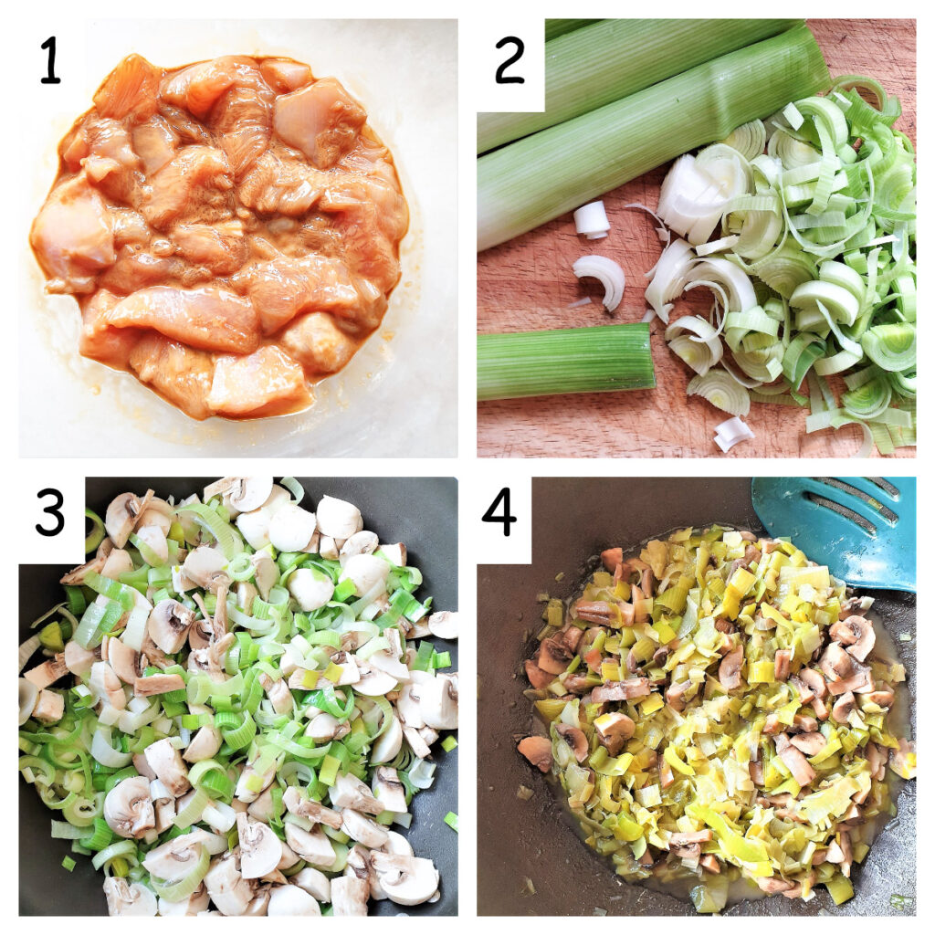 Collage showing steps to fry the chicken leeks and onions.