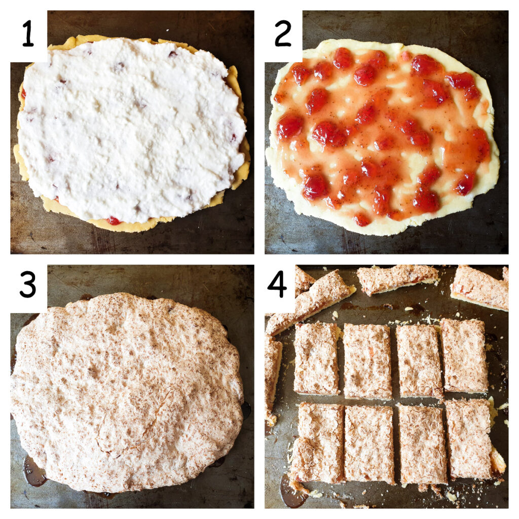 Collage showing how to make coconut meringue slices with the leftover pastry.