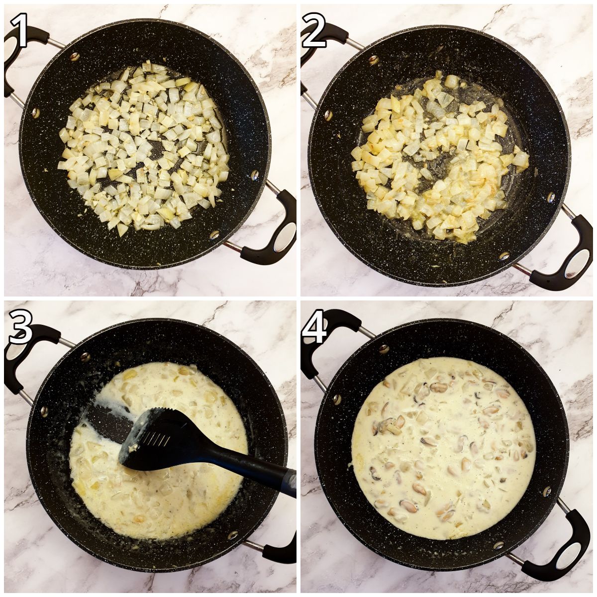 steps for making the creamy mussel sauce.