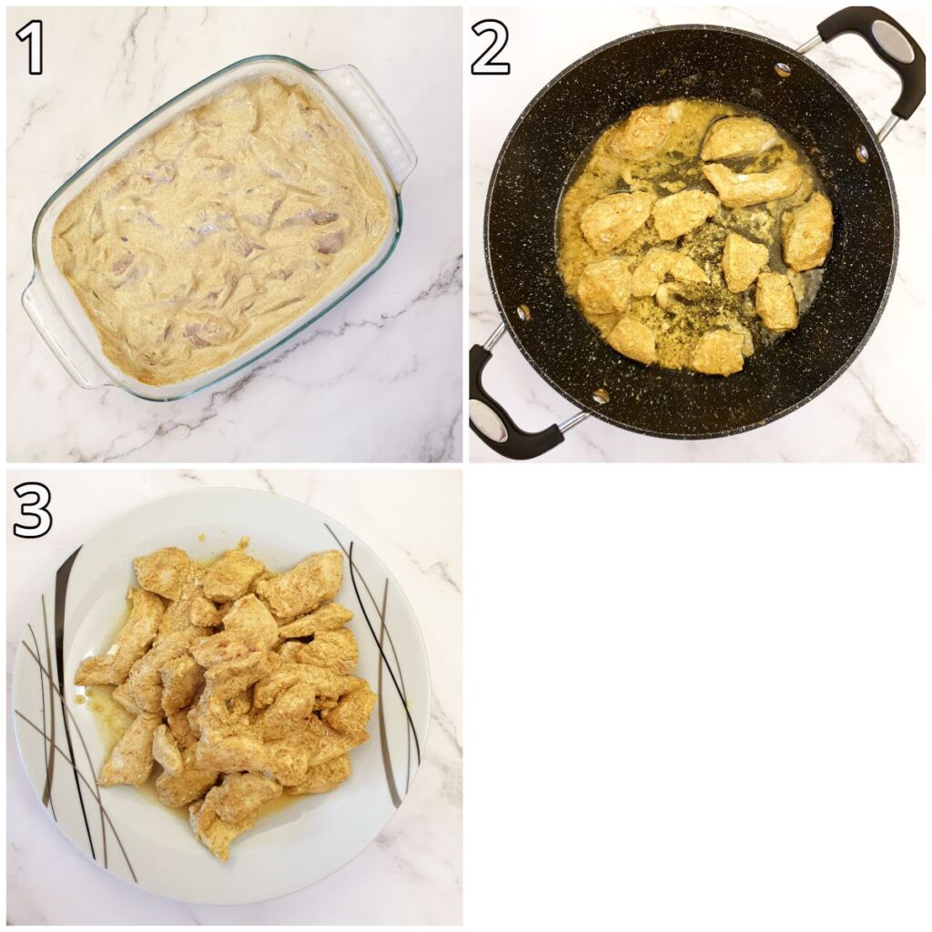 Steps for marinating and frying the chicken.