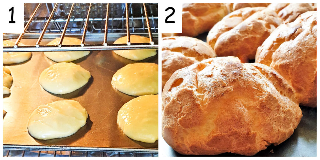 Two images, one showing cream puffs in the oven and the other showing the finished product.