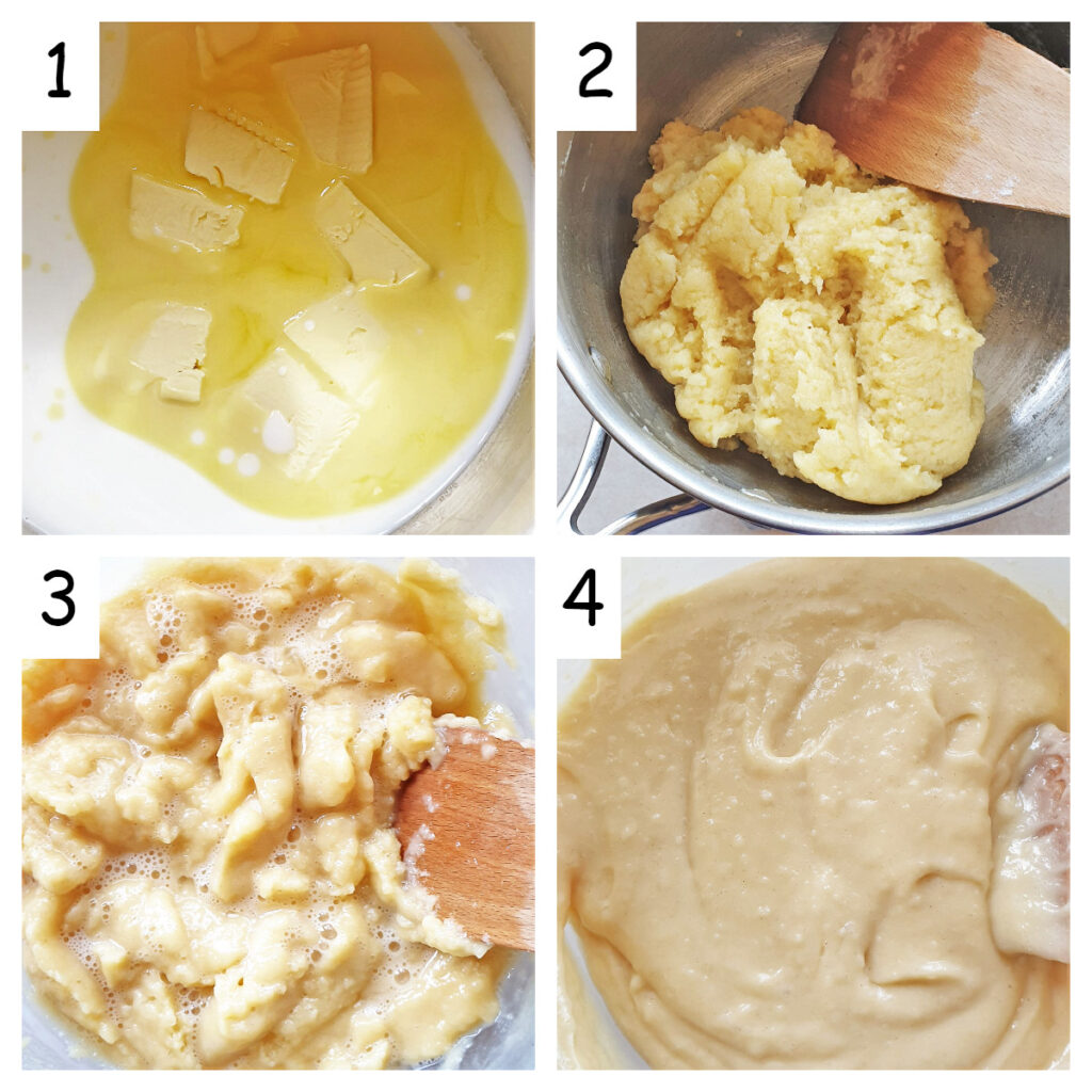 Collage of 4 images showing steps for making choux pastry.