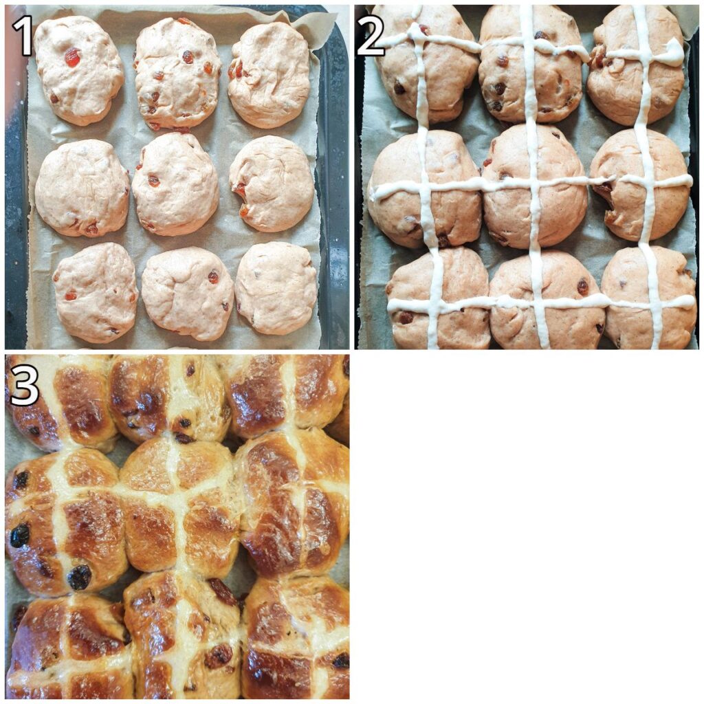 Steps for assembling and baking the hot cross buns.