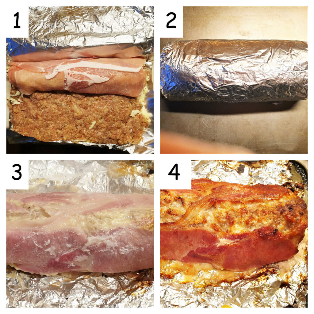 Collage showing meatloaf being wrapped and baked.