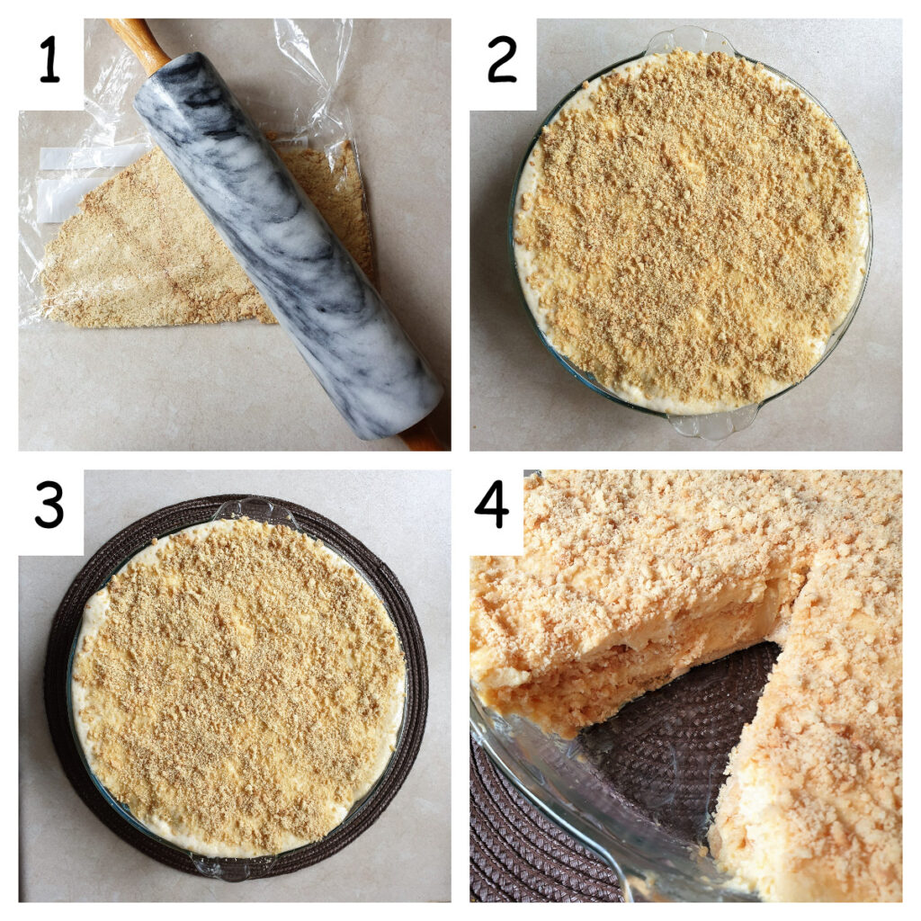 A collage of 4 images showing how to cover the pineapple fridge tart with crushed biscuits.