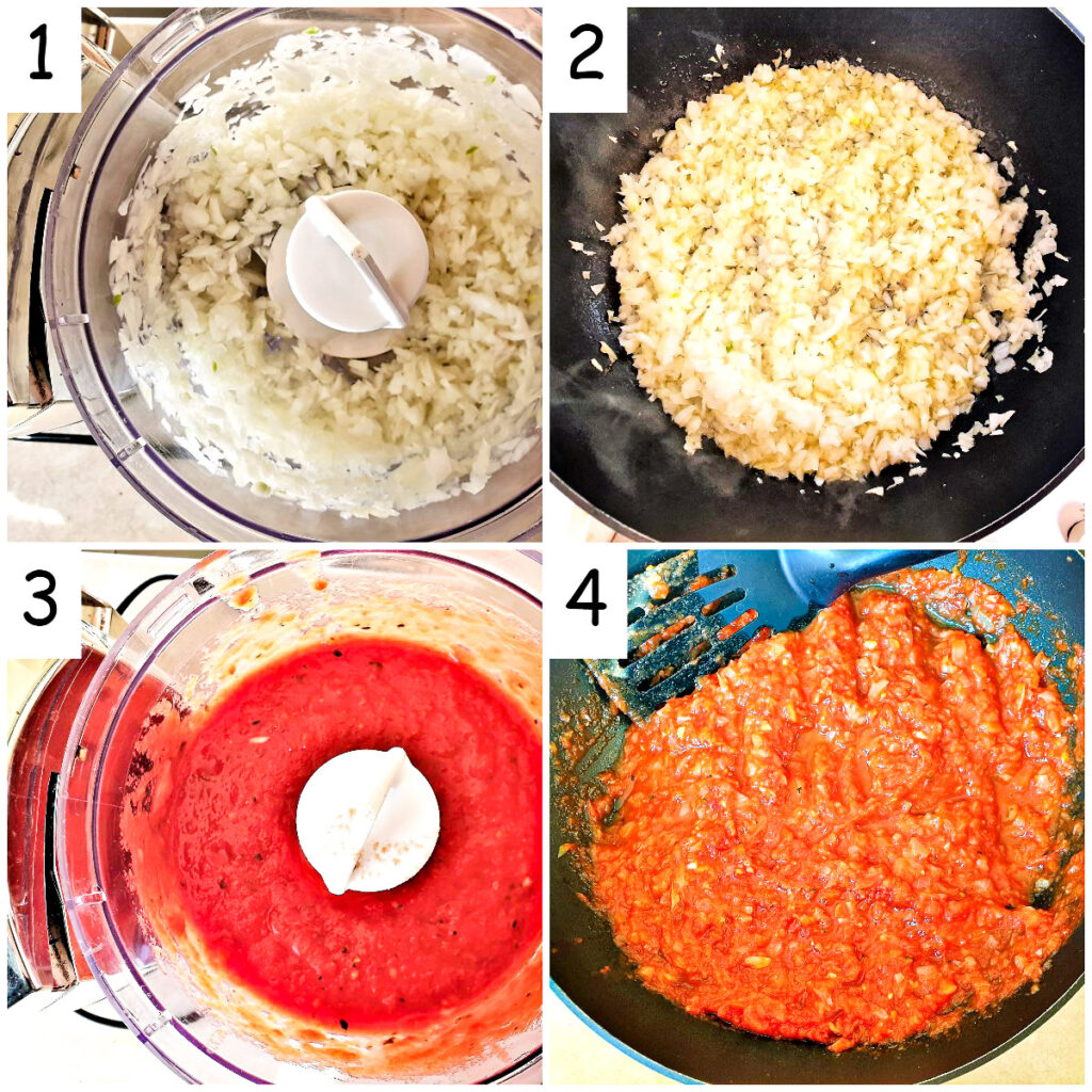 Collage of 4 images showing how to make the sauce for pasta pescatore.