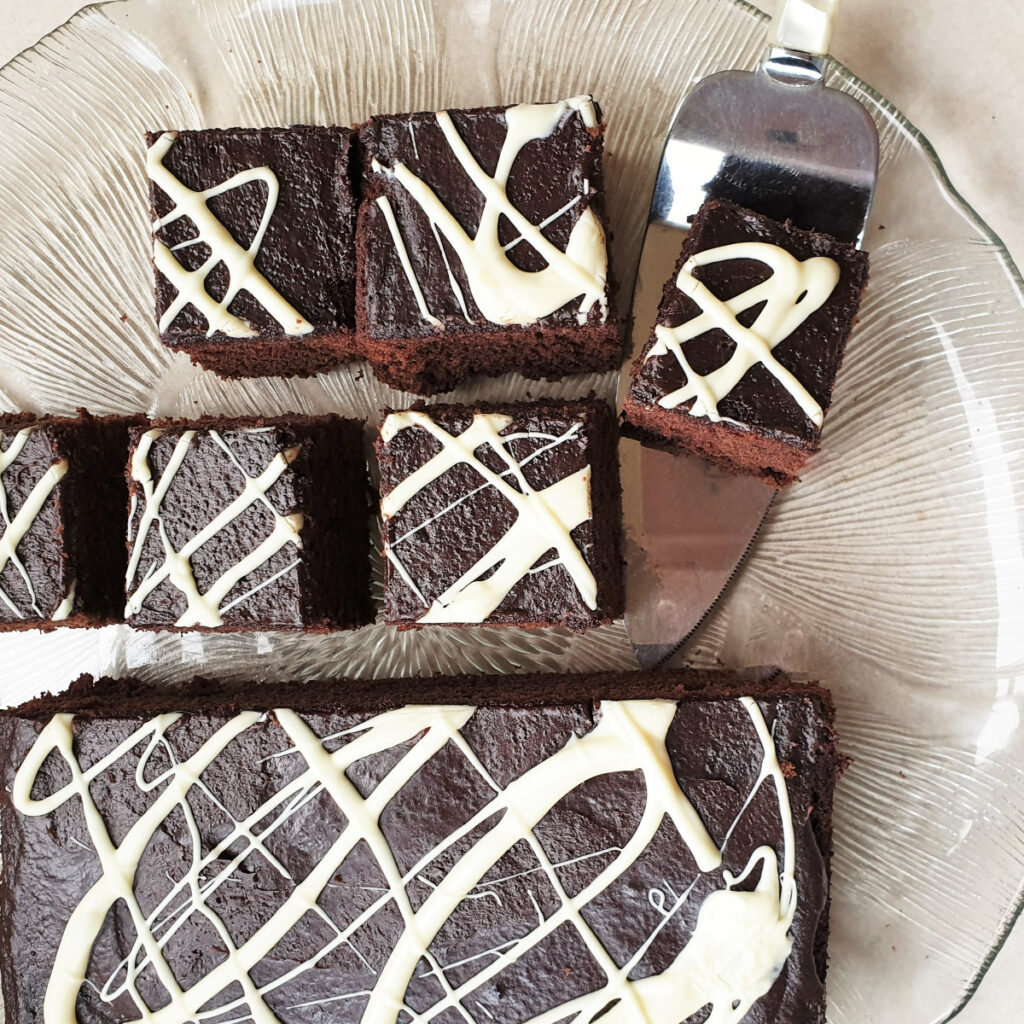 Overhead shot of squares of chocolate cake.