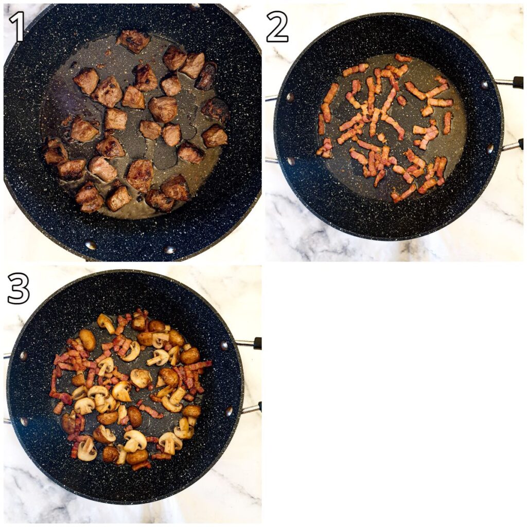 Steps for browning the steak and frying the mushrooms.