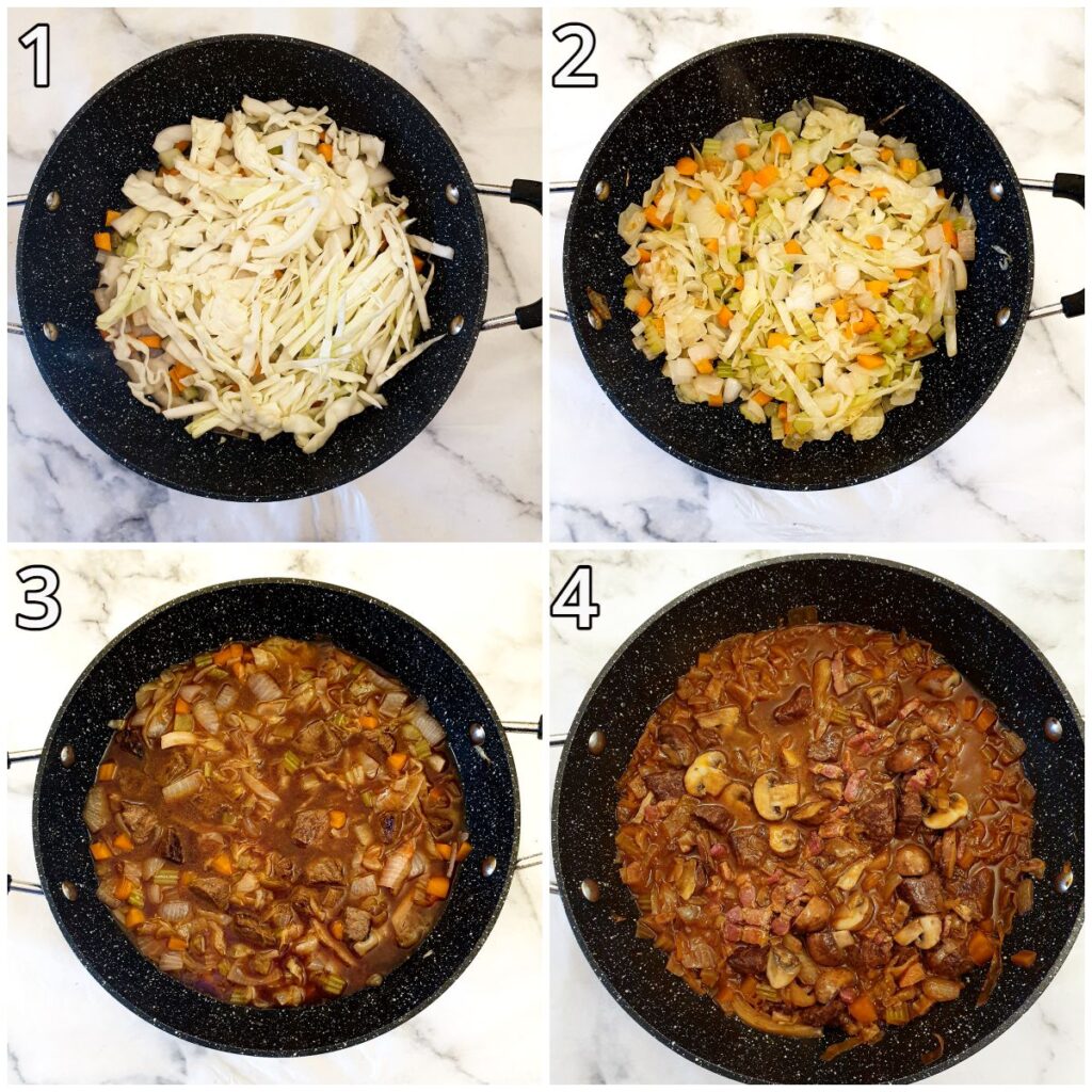 Steps for frying the vegetables and preparing the gravy.