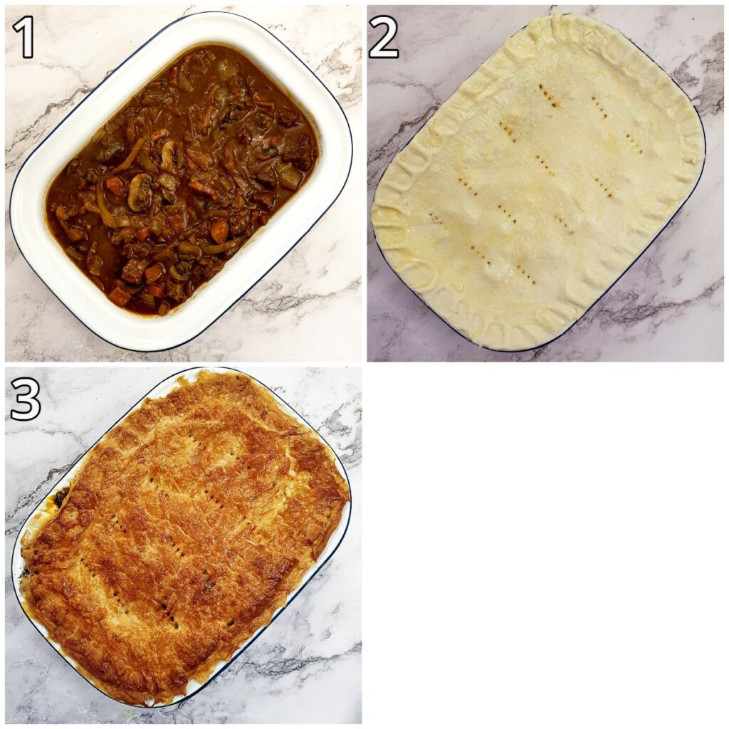 Steps for assembling the steak and mushroom pie.