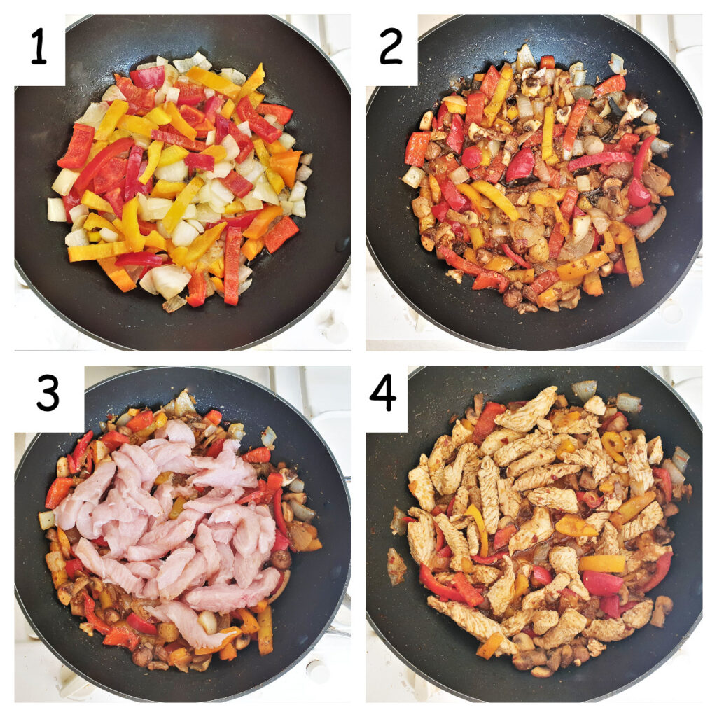 Collage showing steps for frying vegetables for turkey fajitas.
